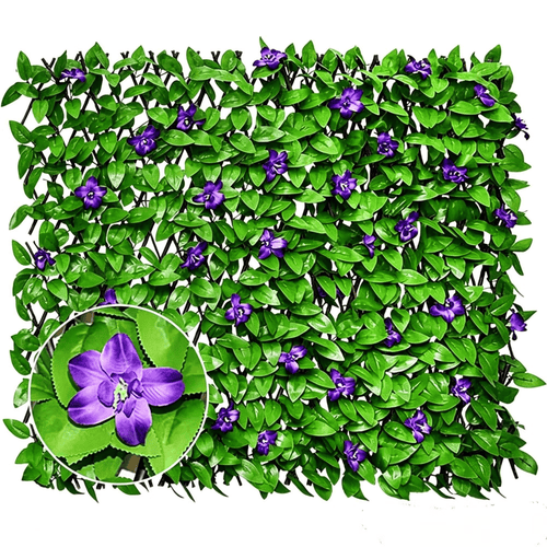 🔥HOT SALE🔥Extendable Simulation Rattan Fence with White Flowers Decorating Green Leaves, Stretchable Folding Design, Privacy Shielding Courtyard Balcony Walls, Artificial Green Plants