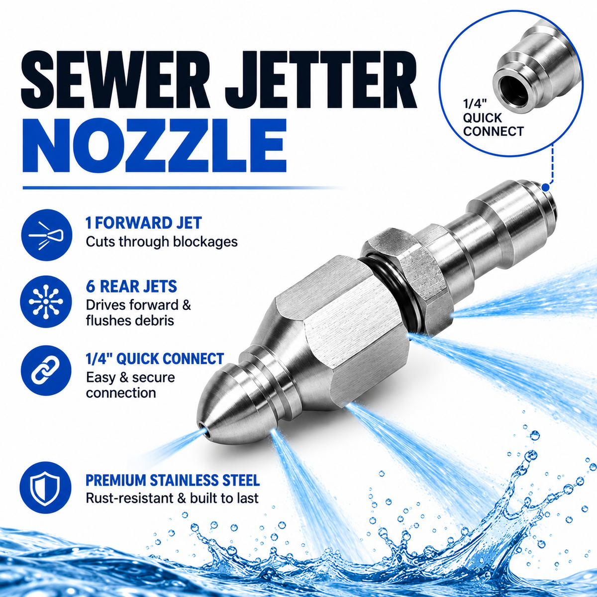 Stainless Steel Sewer Jetter Nozzle – 1/4' Quick Connect Drain Cleaning Attachment for Pressure Washers