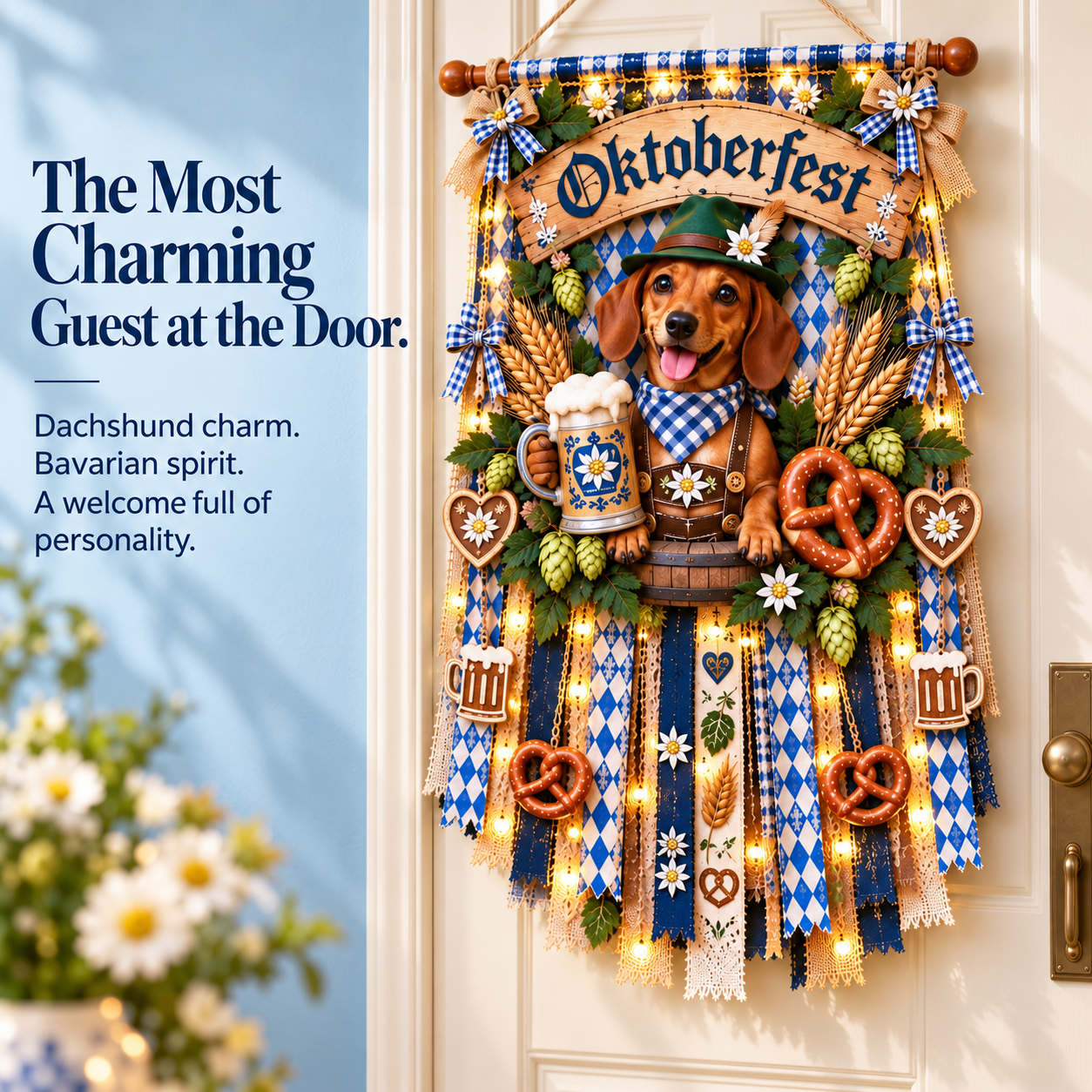Oktoberfest Dachshund hanging displayed on a light-colored door