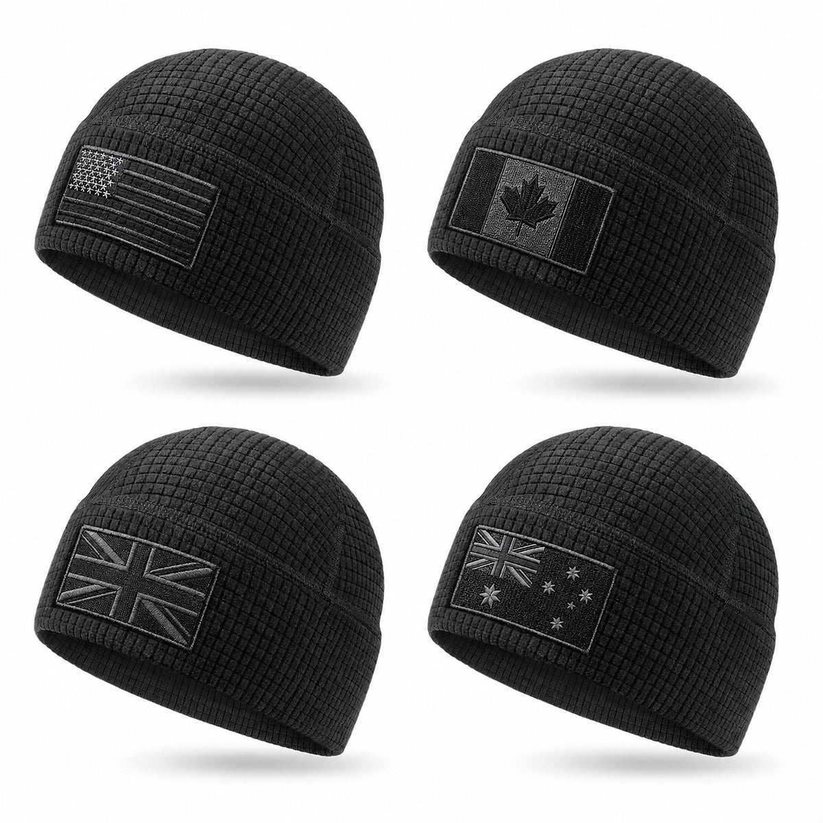 Black waffle watch cap shown in USA, Canada, UK and Australia versions