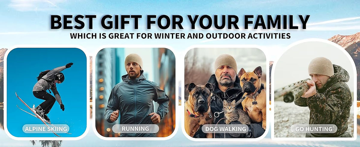 Activity collage showing skiing, running, dog walking and hunting