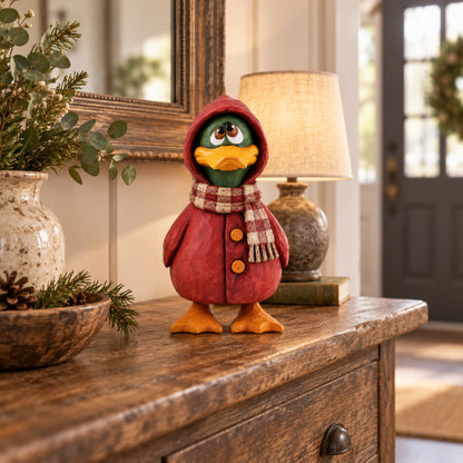 Rustic Wooden Duck Figurine with Scarf, Hand-Painted Farmhouse Animal Decor