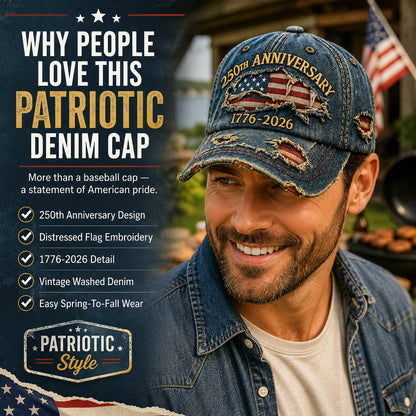 🇺🇸250th Anniversary 1776-2026 Handmade Distressed Denim Baseball Cap🧢