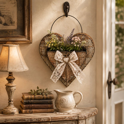 Vintage Farmhouse Heart Wall Planter with Lace Bow