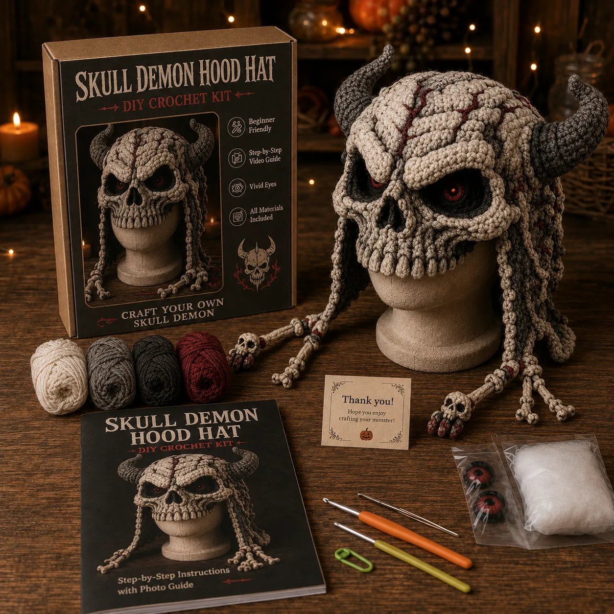 🎭🎃 Halloween Monster Hood DIY Crochet Kit | Premium Soft Yarn Materials with Step-by-Step Guide DIY Handmade Wearable Character Hood 🧶✨