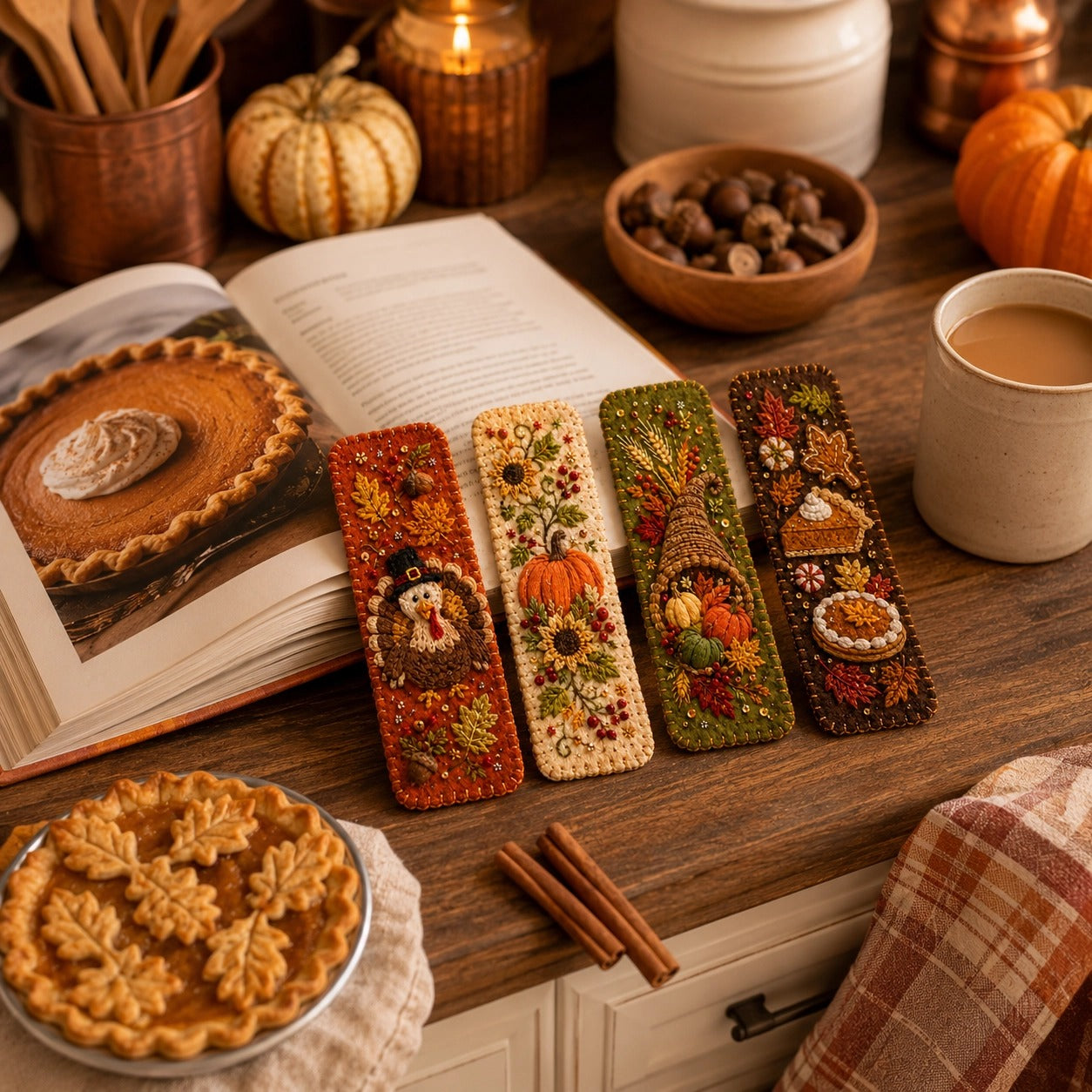 🍁 4-Piece Thanksgiving Embroidered Felt Bookmark Set