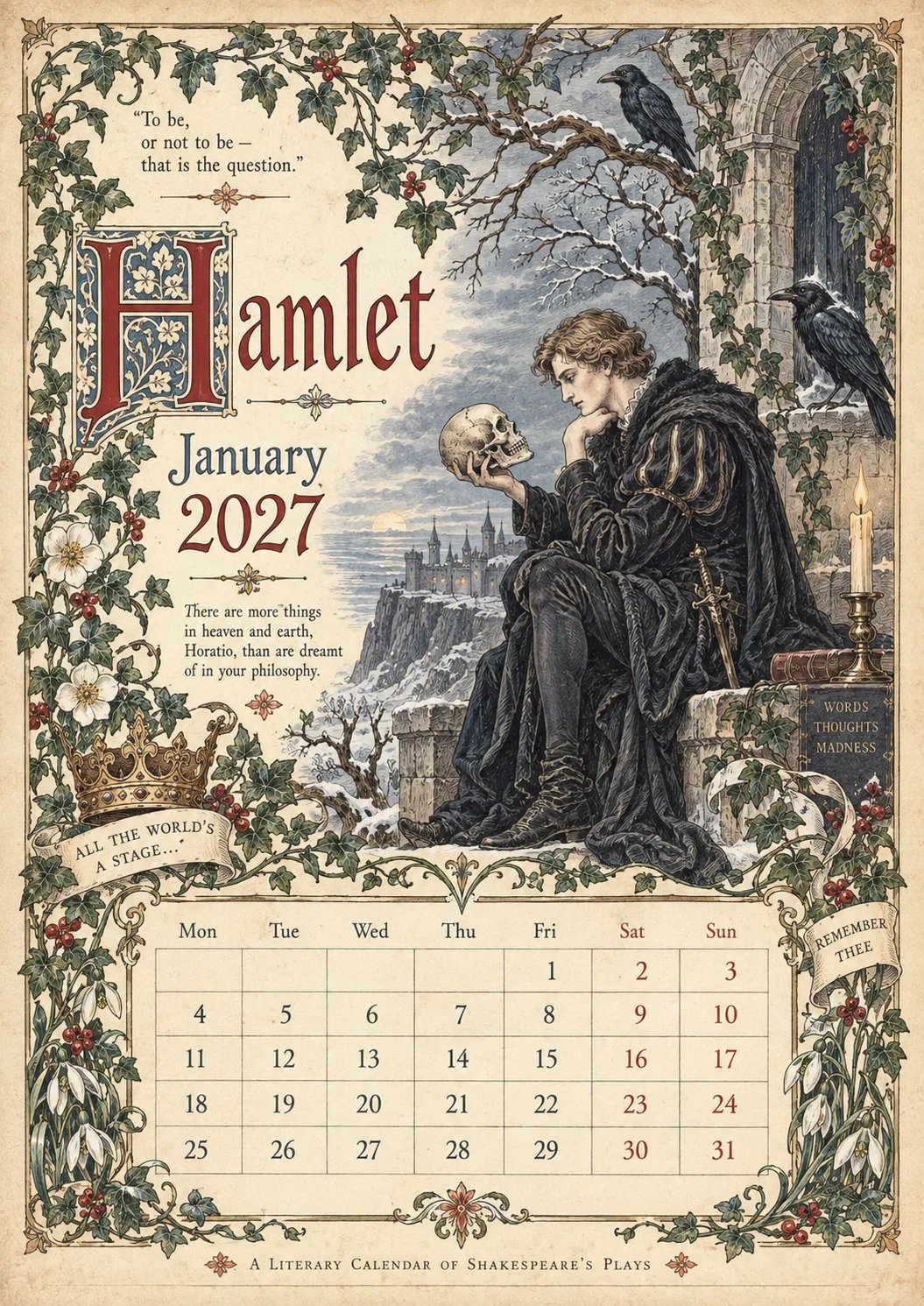 🗓️ A Vintage Literary Year 2027 – ✨ 12 Plays Through the Seasons | Vintage Illustrated Wall Calendar