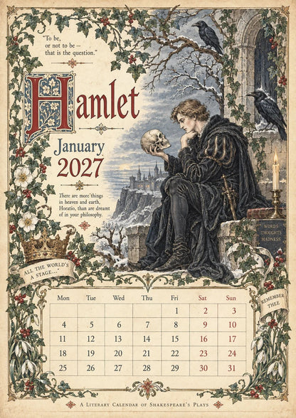 🗓️ A Vintage Literary Year 2027 – ✨ 12 Plays Through the Seasons | Vintage Illustrated Wall Calendar