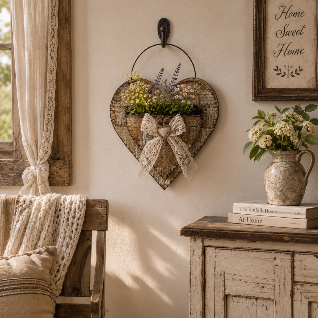 Vintage Farmhouse Heart Wall Planter with Lace Bow