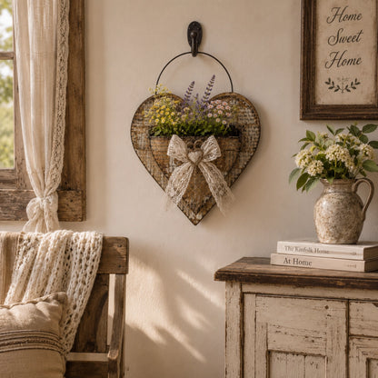 Vintage Farmhouse Heart Wall Planter with Lace Bow