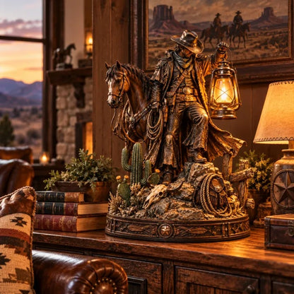 ✨Last Light of the Frontier – Western Rider & Horse Lantern Statue