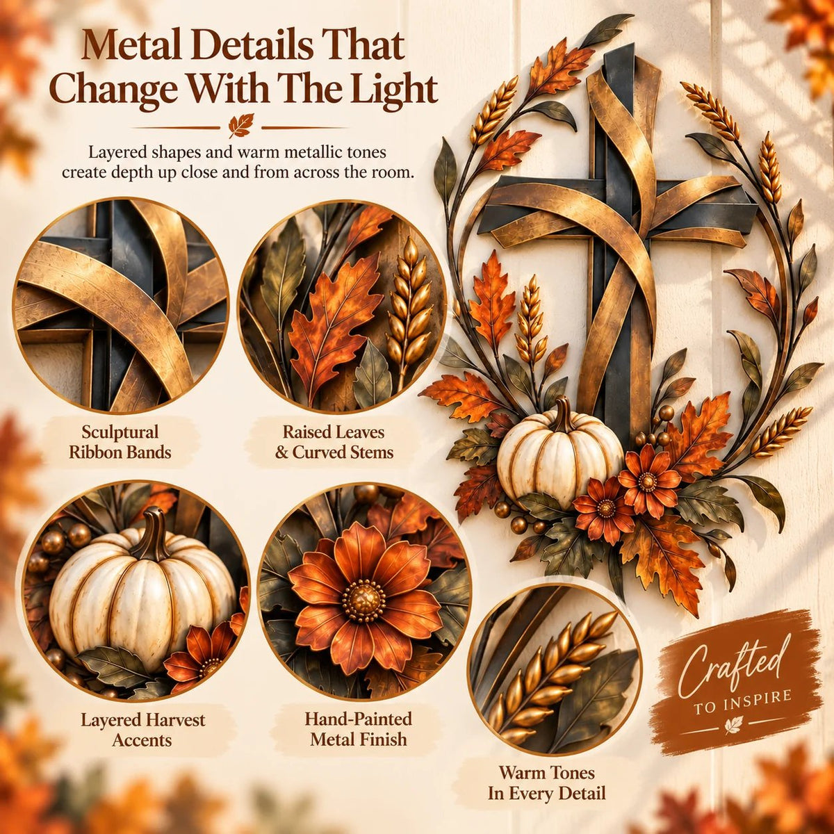 🍂 Autumn Harvest Cross Metal Wall Decor With White Pumpkin