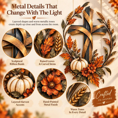 🍂 Autumn Harvest Cross Metal Wall Decor With White Pumpkin