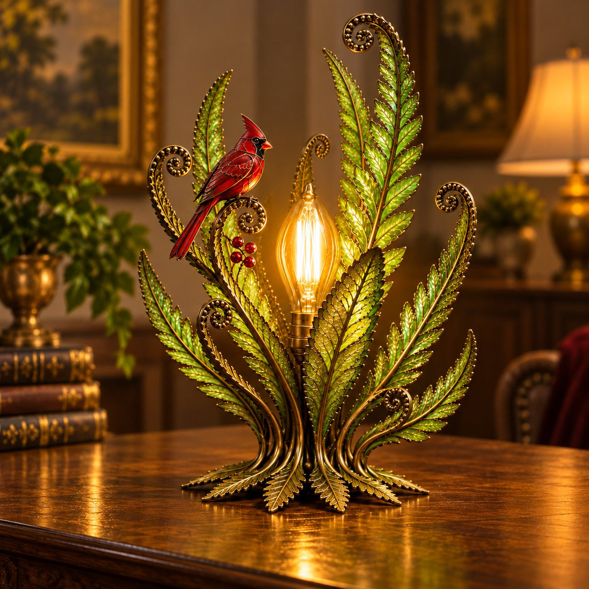 🐦 Cardinal Garden Glow Lamp – Vintage Bird & Botanical Table Light