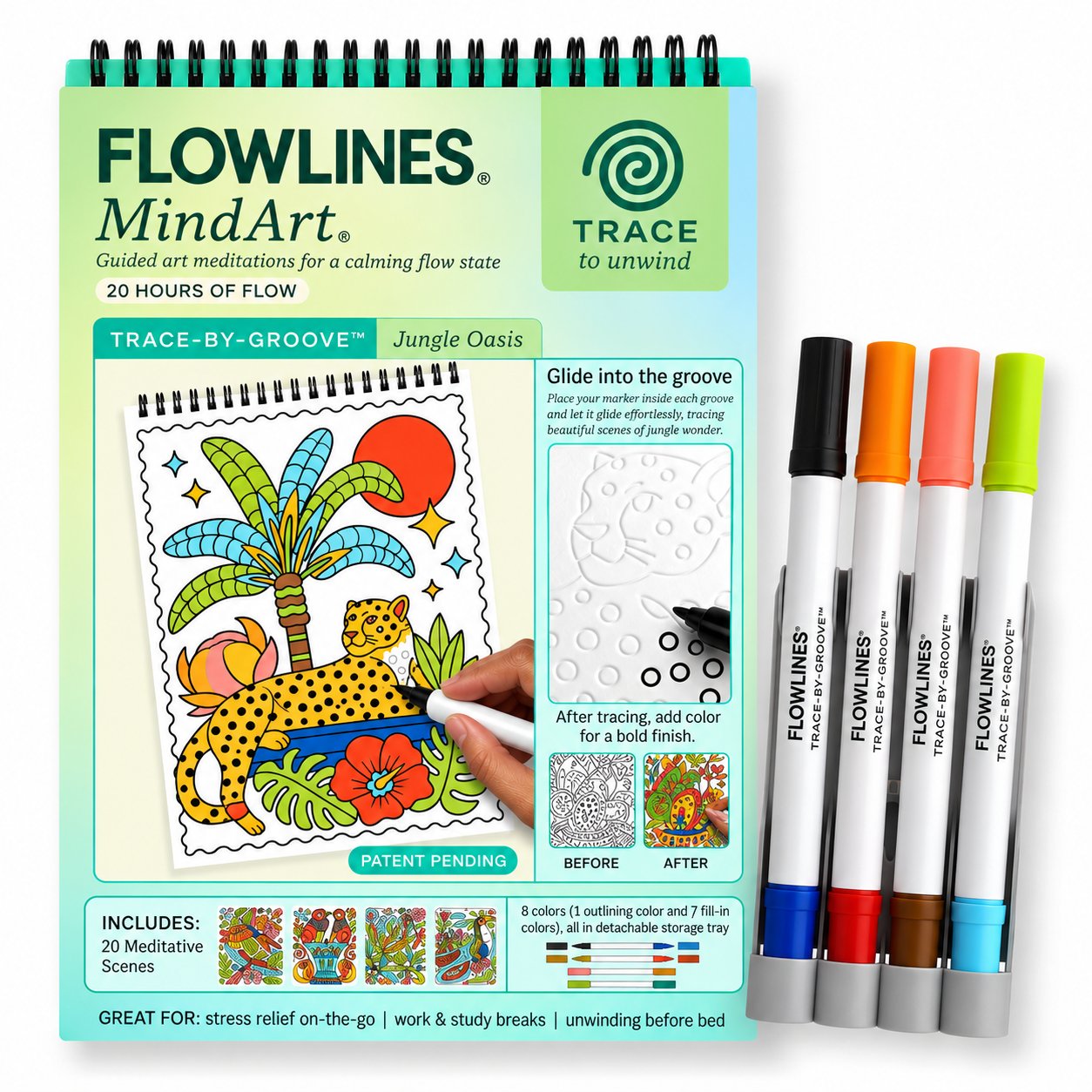 🌿 Trace-By-Groove Guided Flow Art Coloring Pad with Double-Sided Markers 🎨