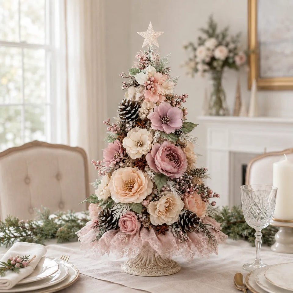 Woman styling the blush floral Christmas tree on an entryway console