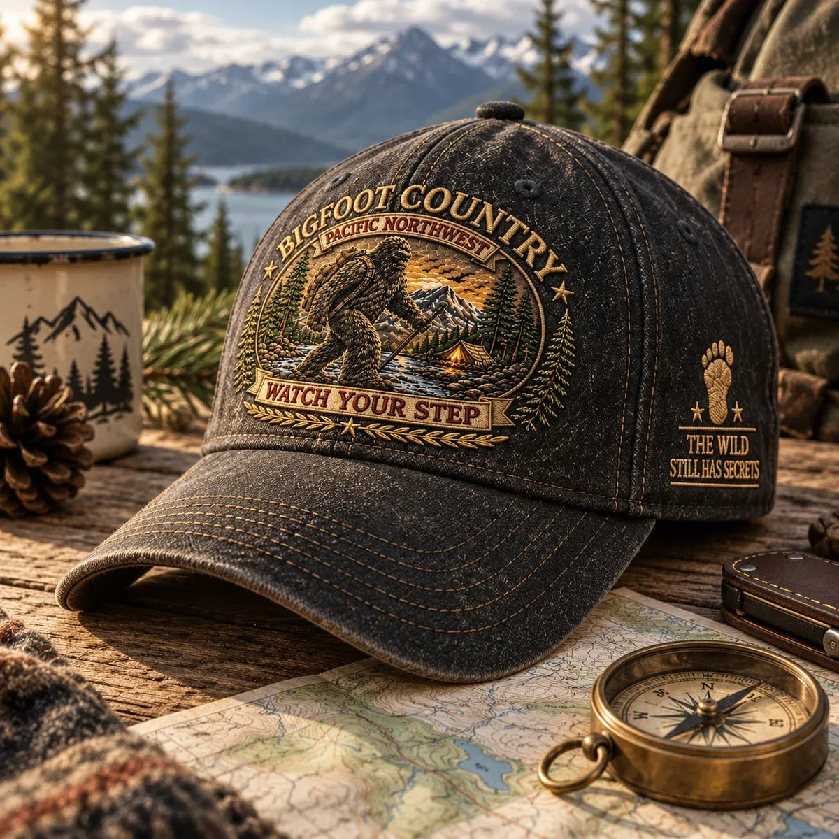 ⏳ Last Day 69% OFF – 🏕️ Bigfoot Country Heritage Cap | Vintage-Washed Embroidered Outdoor Hat with Adjustable Fit 🌲 (🧢100% Cotton)