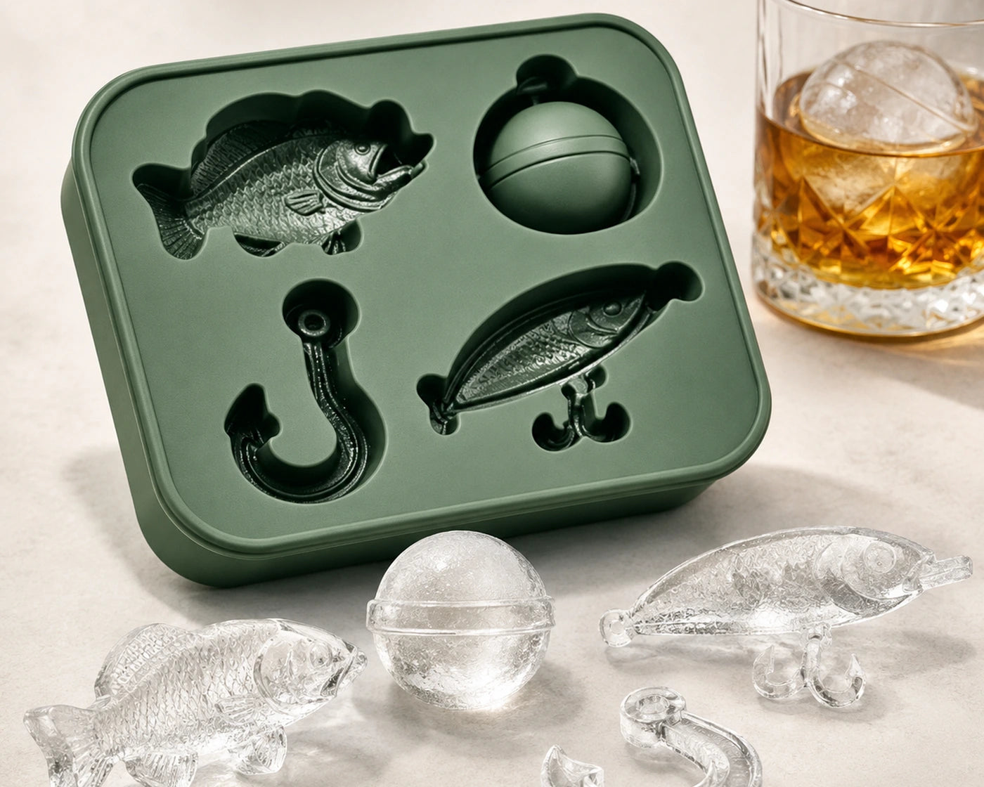 Fishing ice mold with bass lure hook and bobber shaped ice