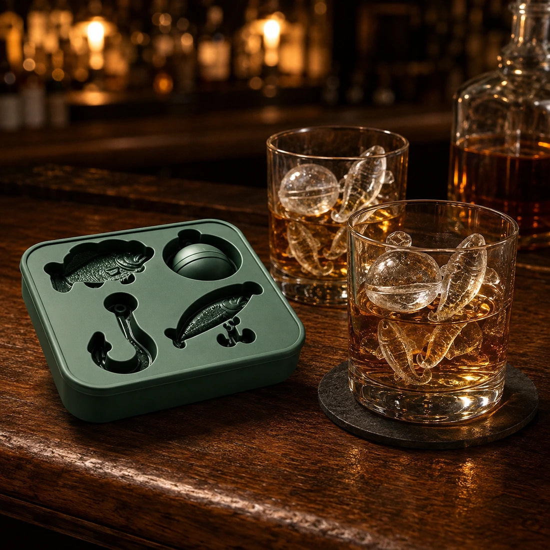 Fishing ice mold and fishing shaped ice in whiskey glasses