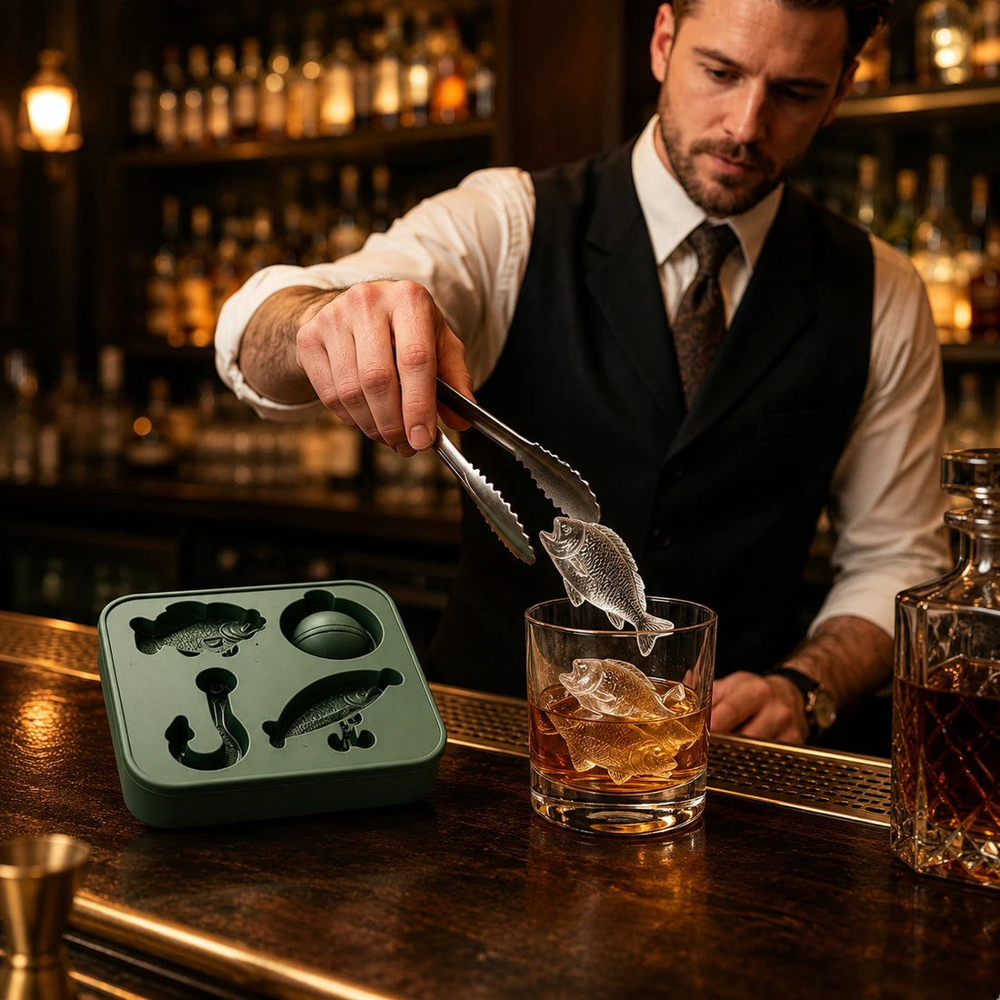 Bartender placing fish shaped ice into a whiskey glass