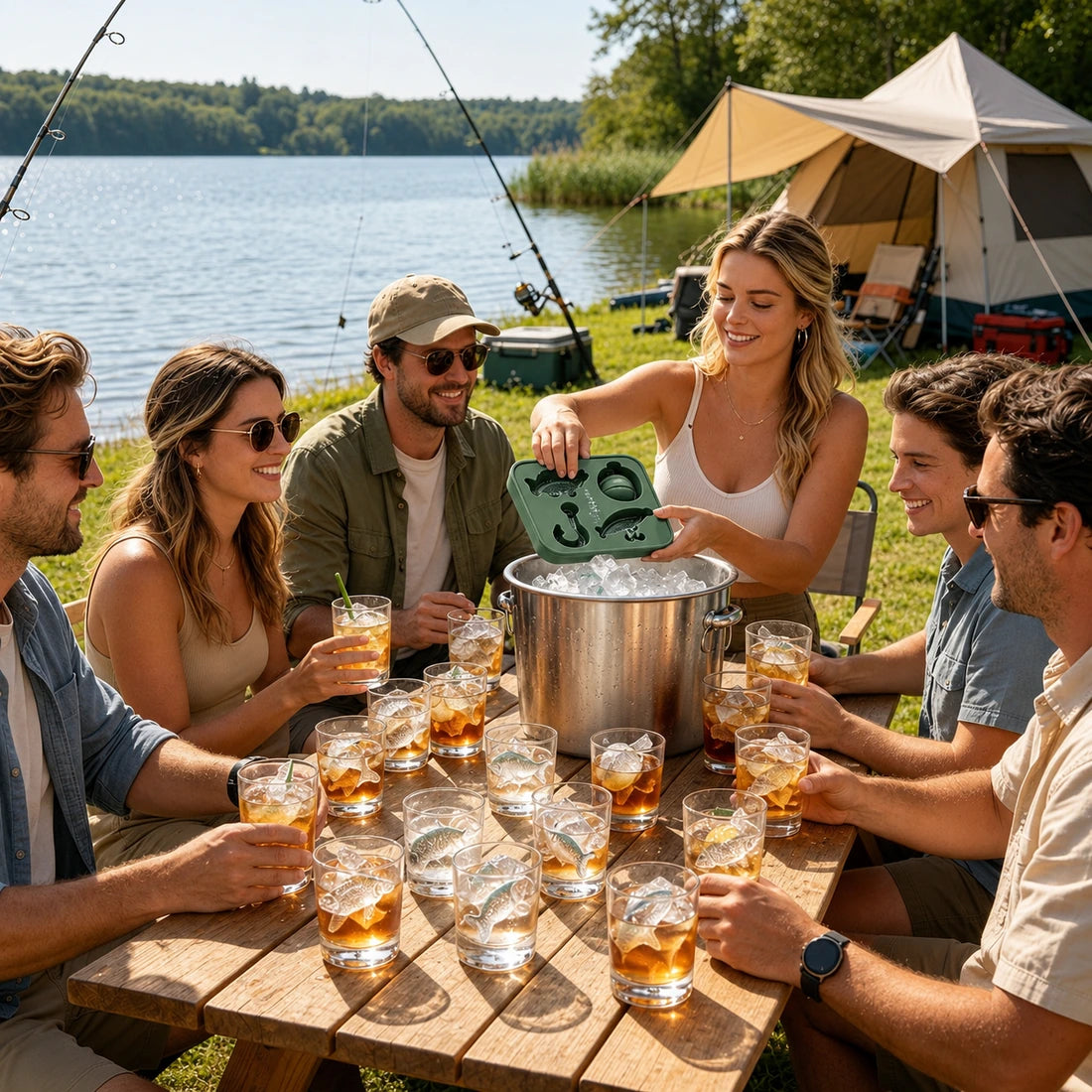 Friends using fishing ice mold at a lake camping trip
