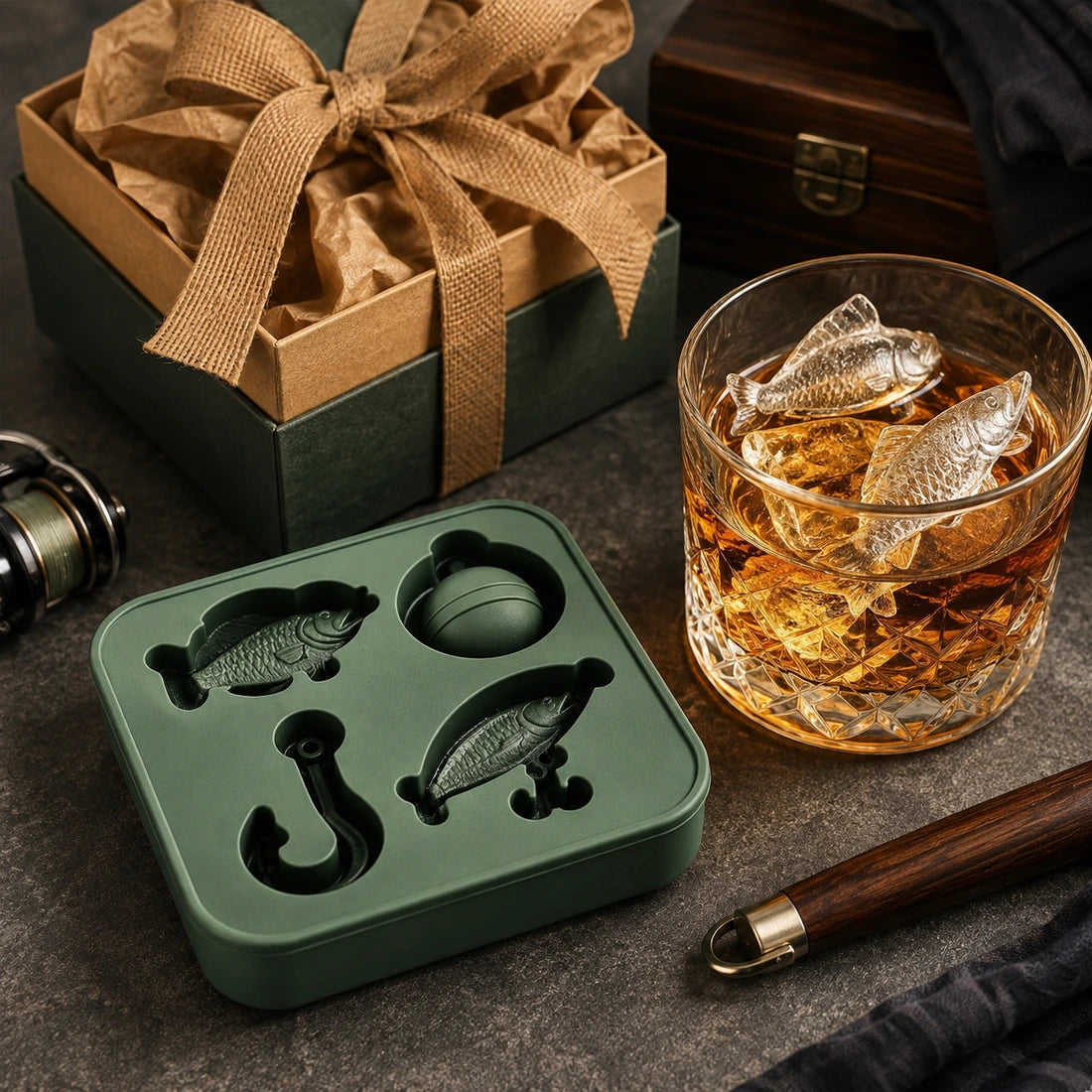 Fishing ice mold gift scene with rocks glass