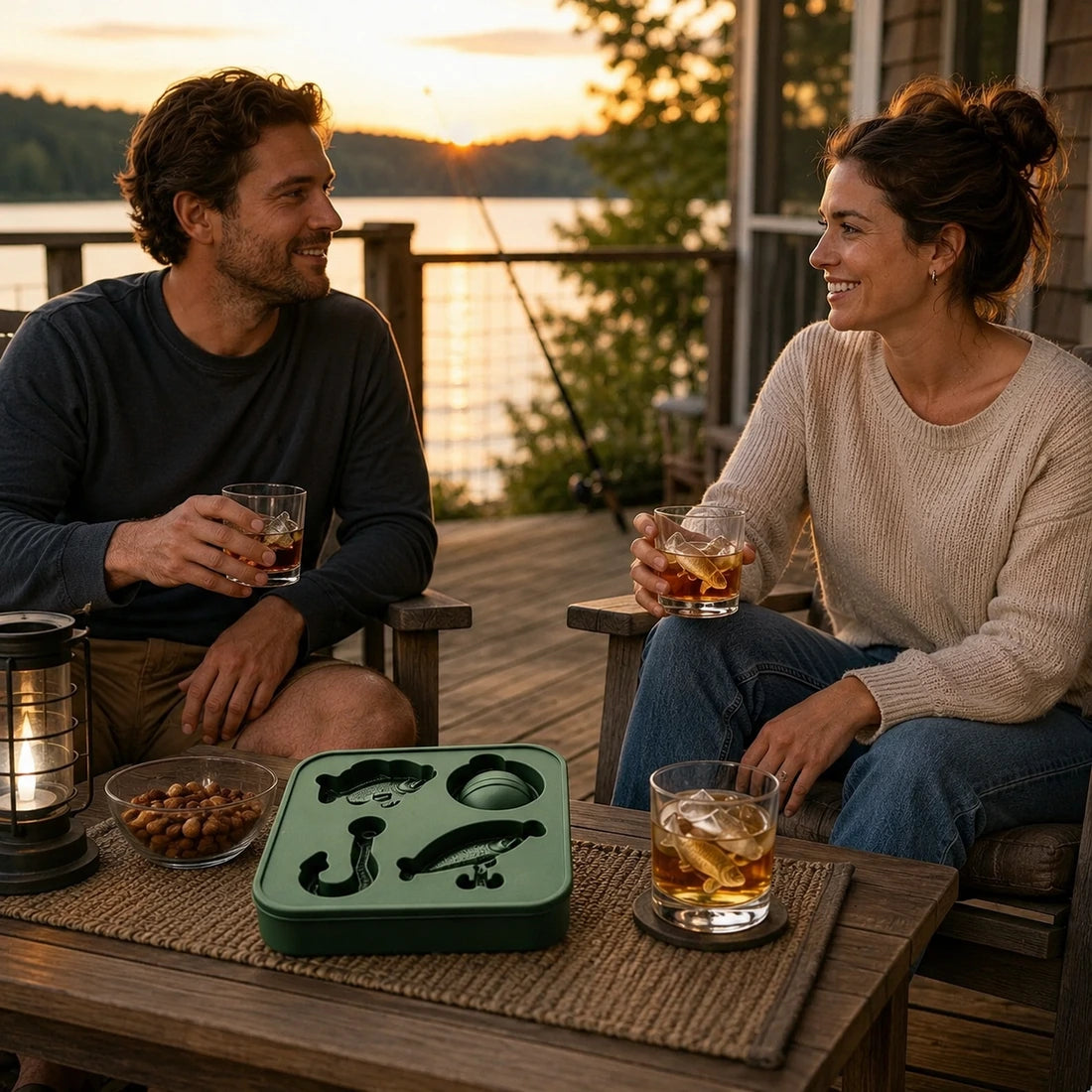 Couple enjoying fishing shaped ice drinks by the lake