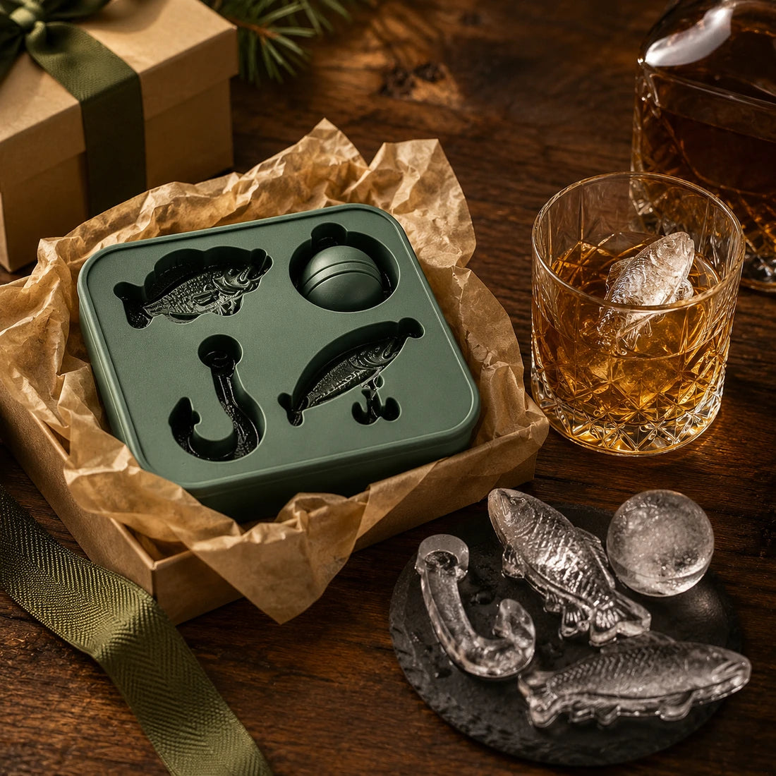 Fishing Legends Ice Mold shown as a fishing gift with whiskey
