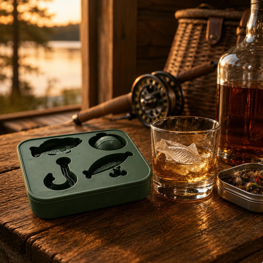 Fishing shaped ice with whiskey at a lakeside cabin