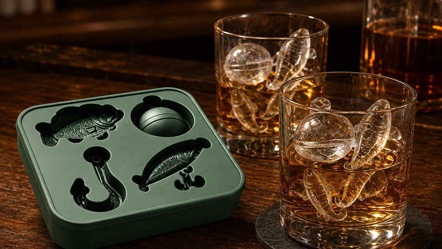 Fishing shaped ice in whiskey glasses at a warm bar