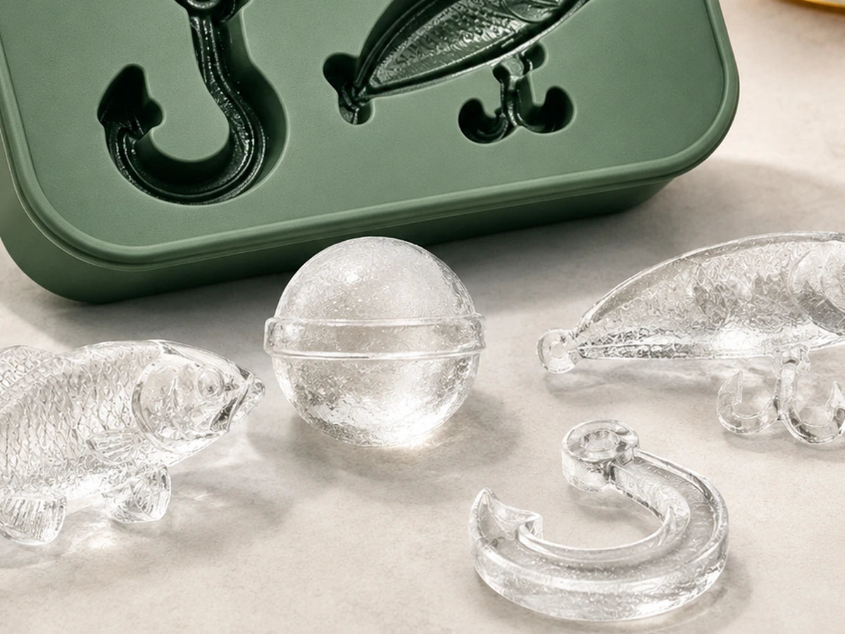 Detailed bass lure hook and bobber shaped clear ice
