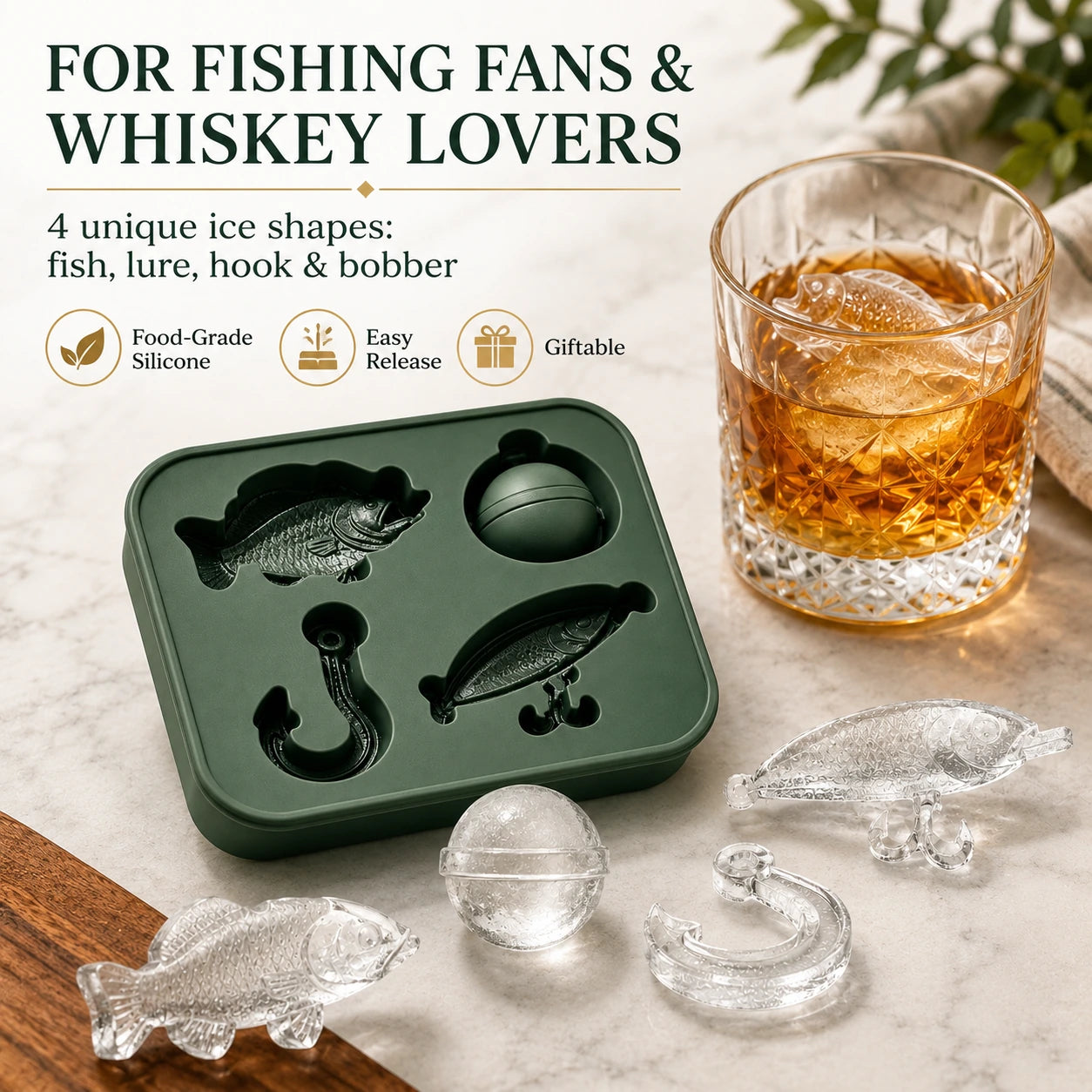 Fishing themed ice mold feature overview with the four ice shapes