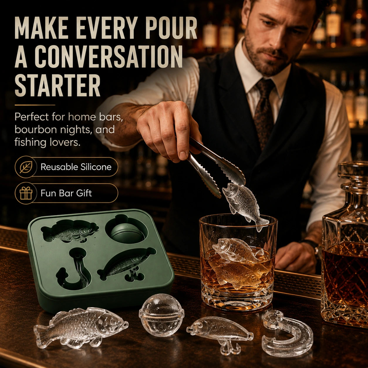 Fishing themed ice mold as a conversation starter at a bar