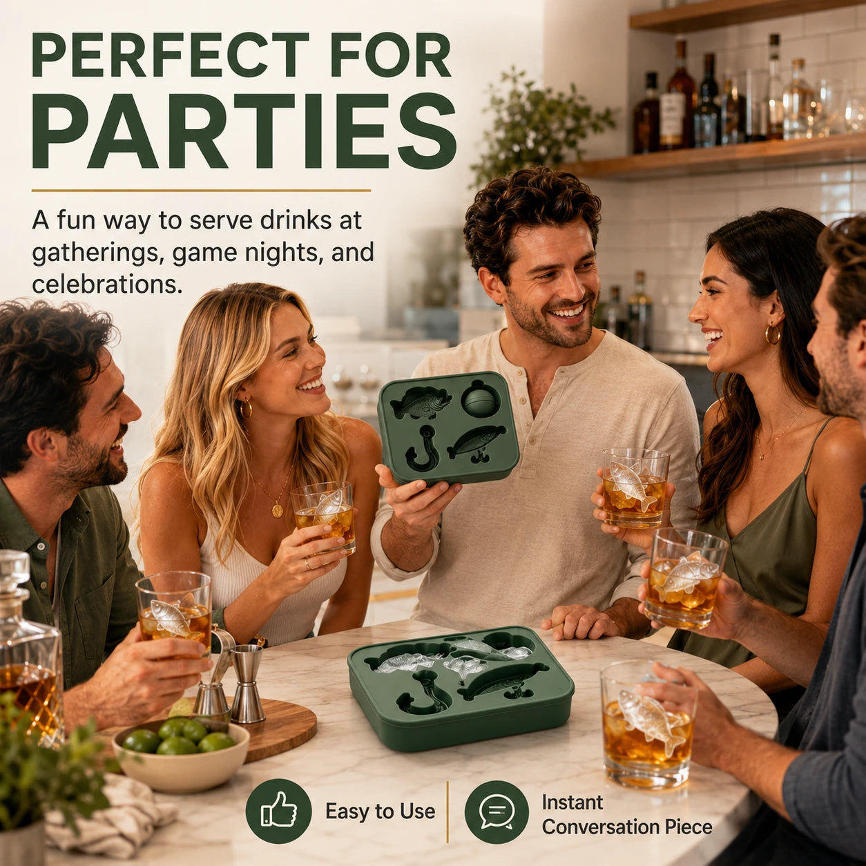 People using fishing themed ice mold at a party