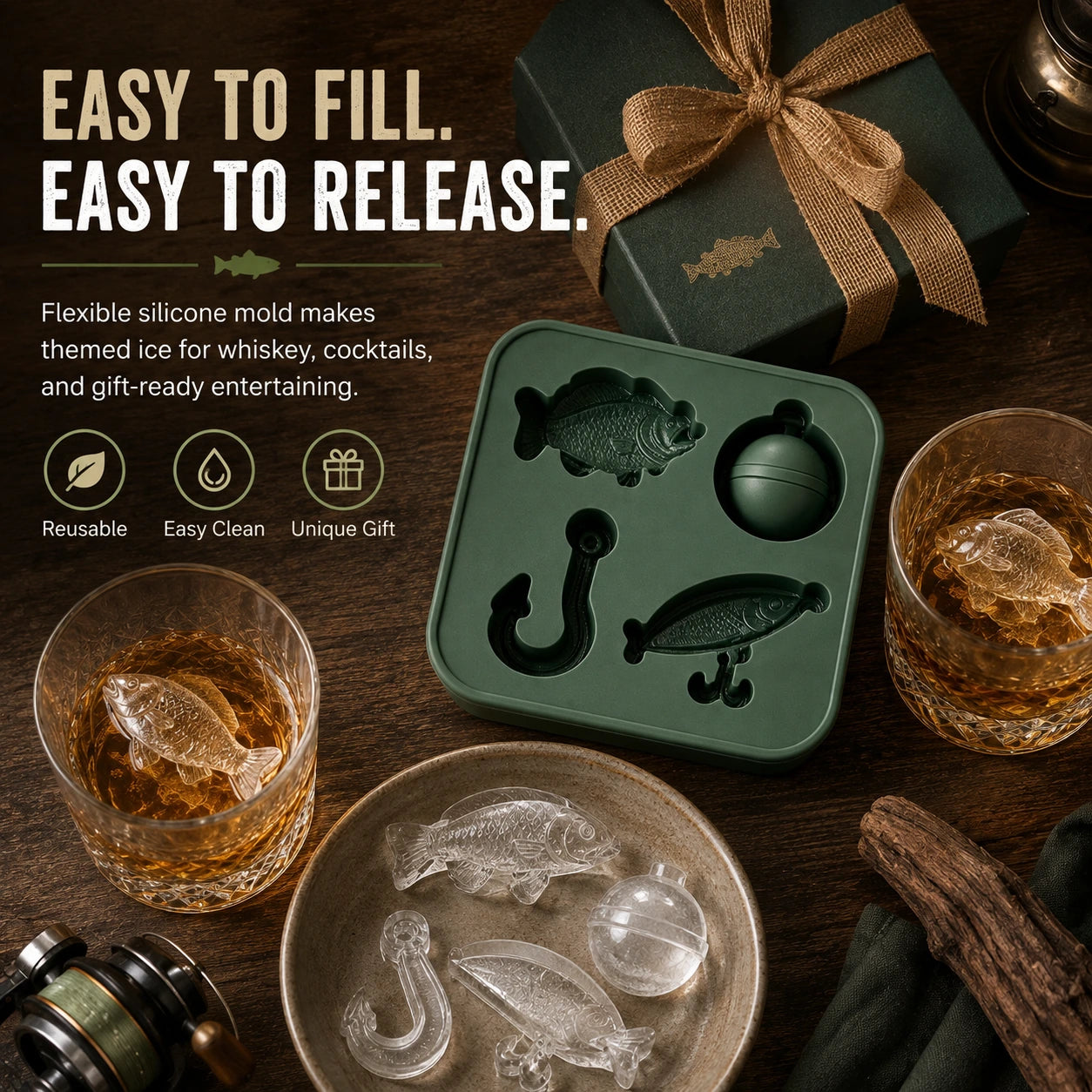 Fishing themed ice mold easy to fill and easy to release