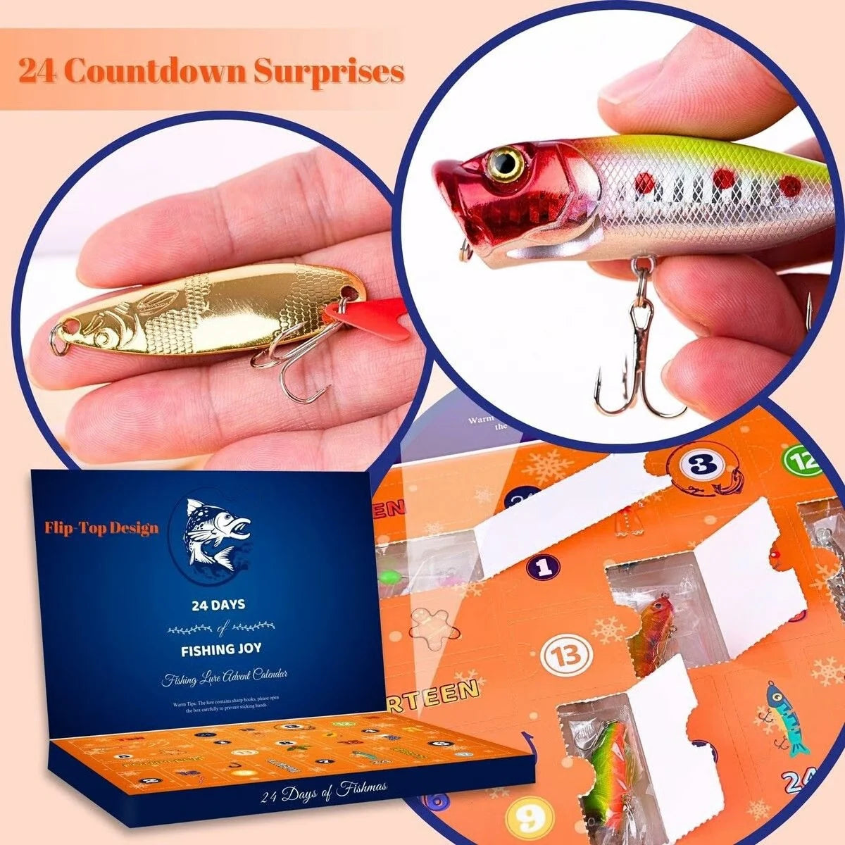 Close-up details of the fishing lure advent calendar