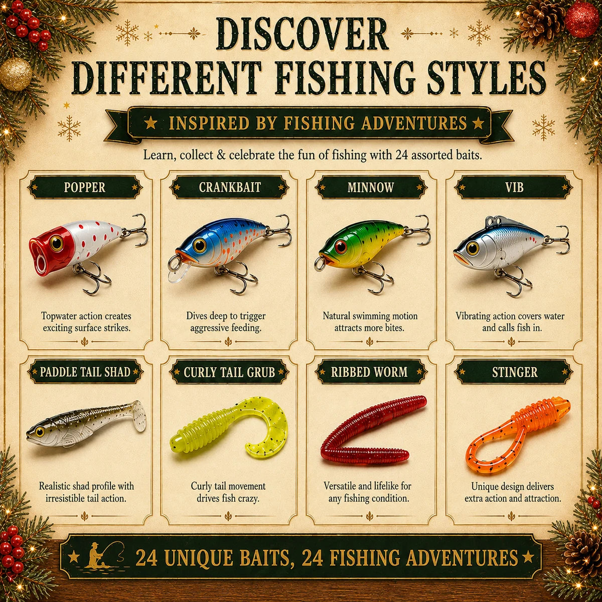 Different fishing lure styles included in the advent calendar