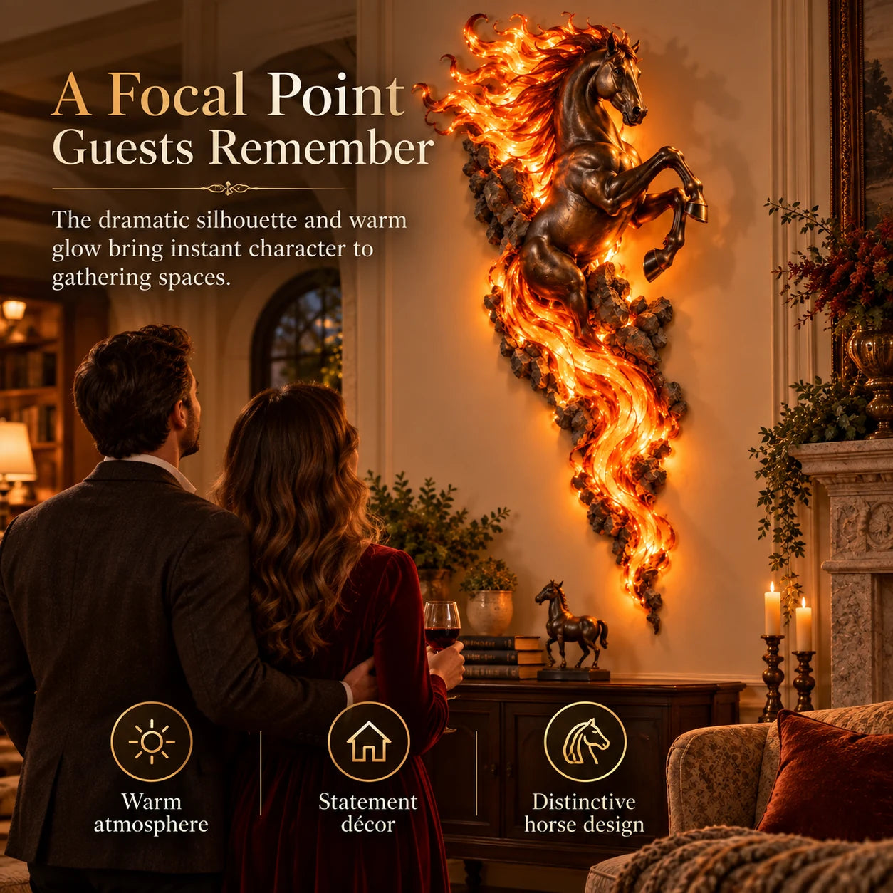 Couple admiring the flaming horse wall decor