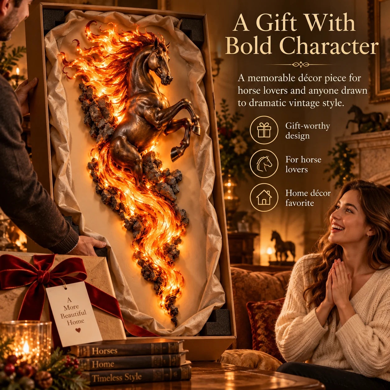 Flaming horse wall decor presented as a gift