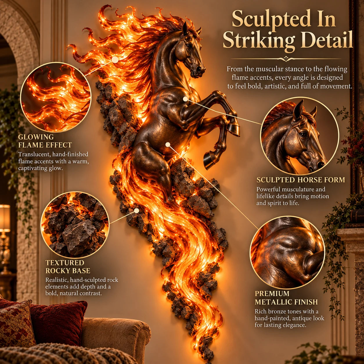 Detailed view of the sculpted horse, flame effect, rocky texture, and metallic finish