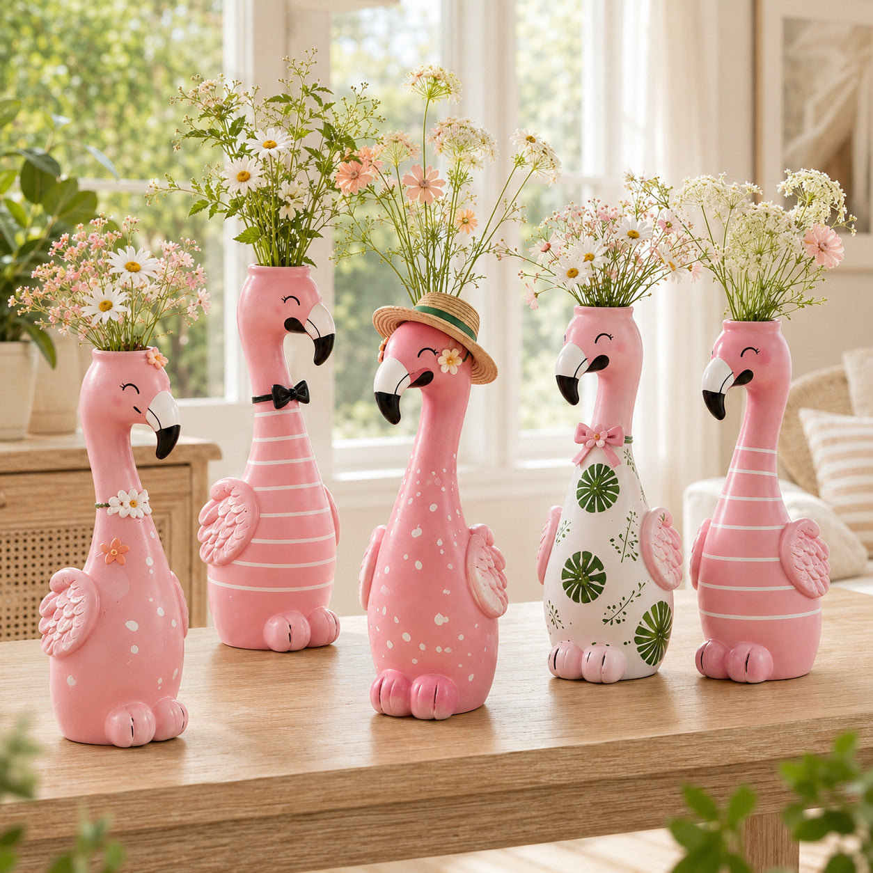 Five colorful flamingo-shaped decorative vases with flowers