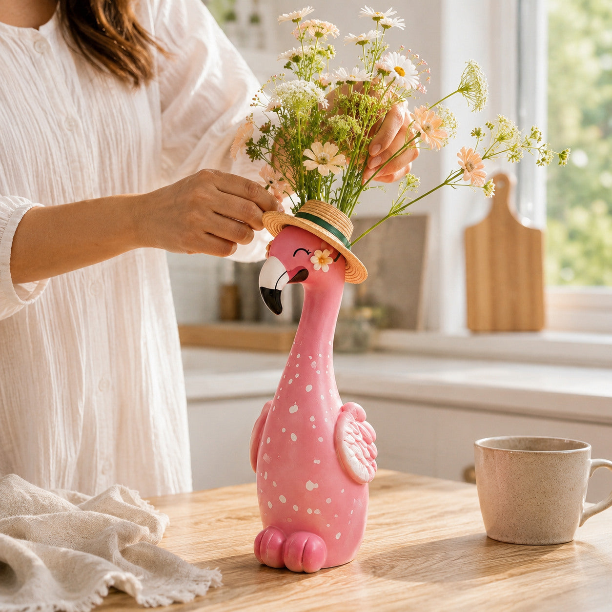 Hands arranging flowers in a pink flamingo vase