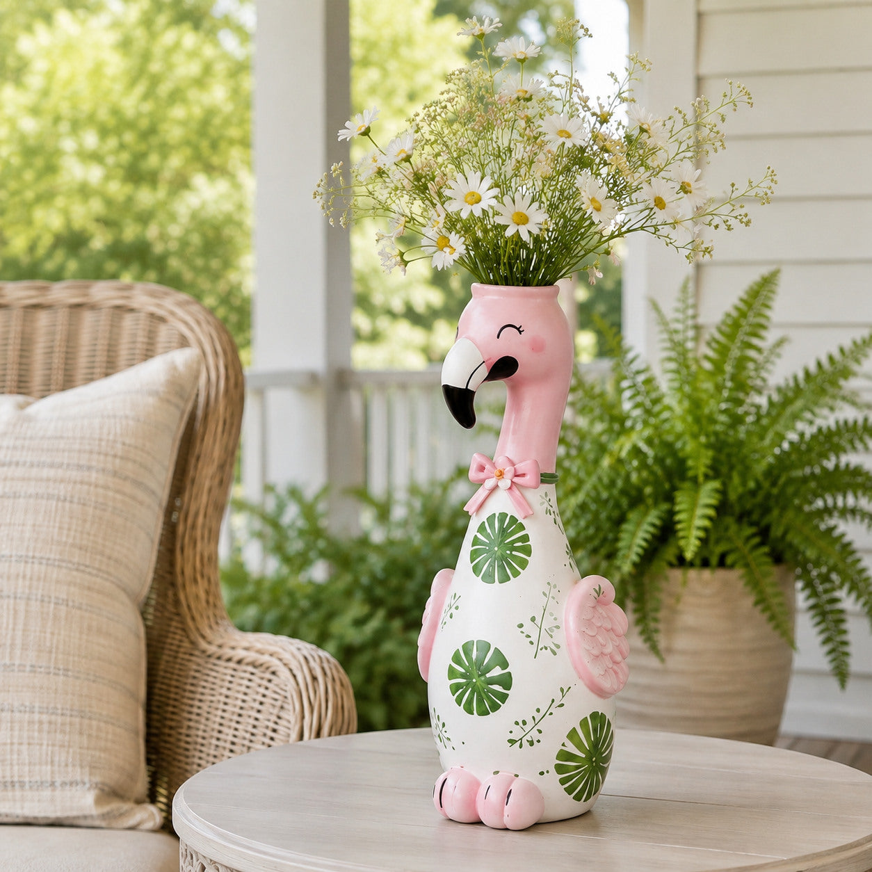 Flamingo flower vase styled on a bright covered porch