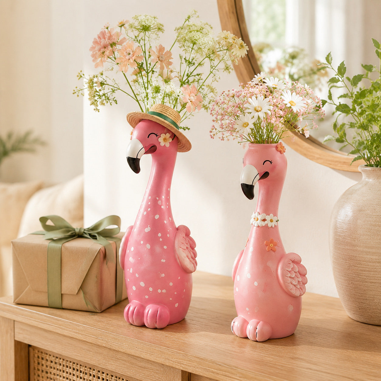 Two flamingo flower vases beside a wrapped gift