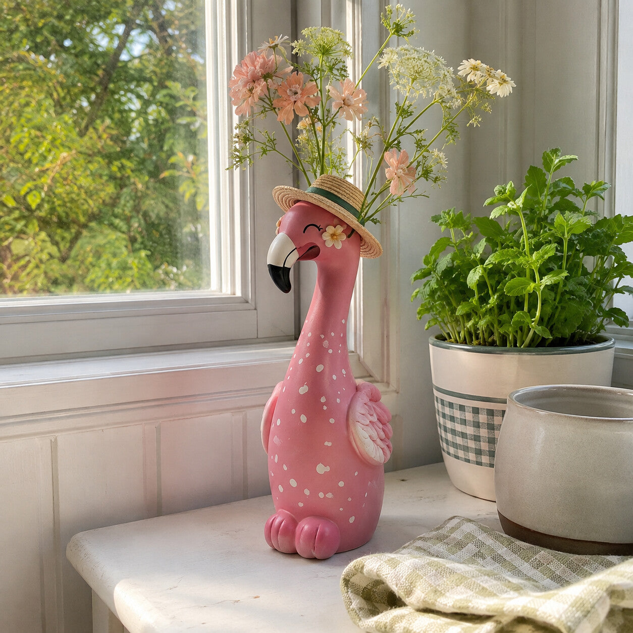 Pink flamingo vase with flowers beside a sunny kitchen window