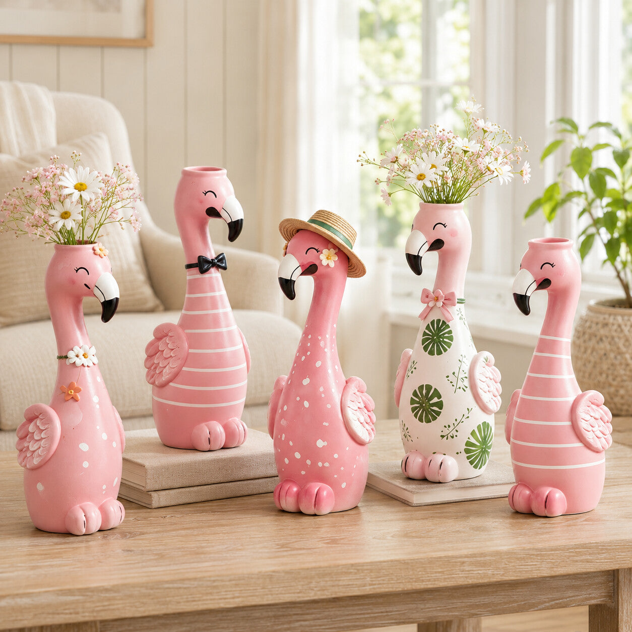Collection of colorful flamingo flower vases in a bright living room
