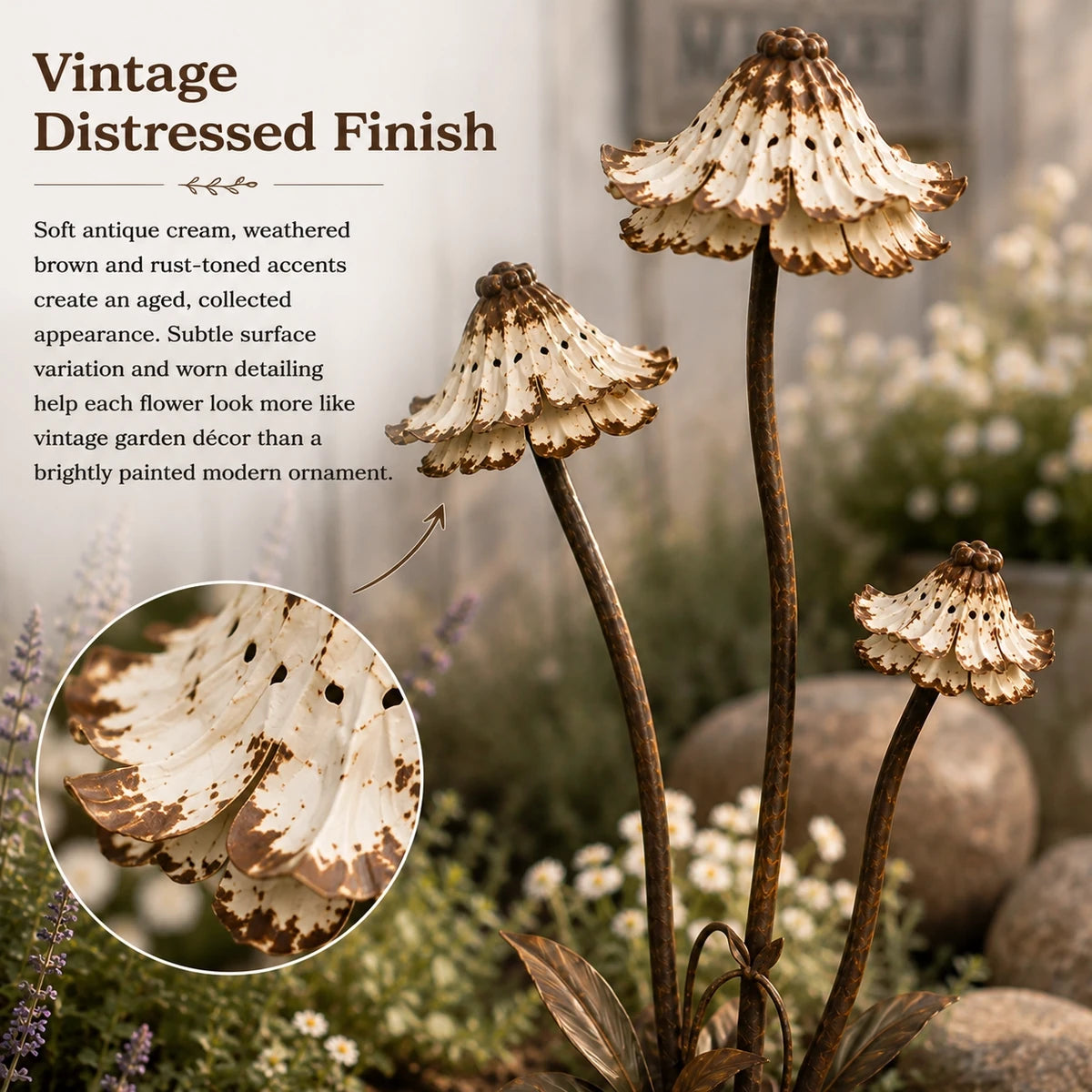 Close-up of distressed cream metal flower finish