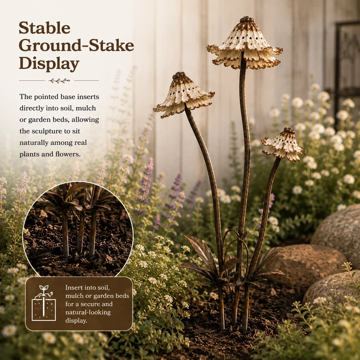 Ground stake base inserted into a garden bed