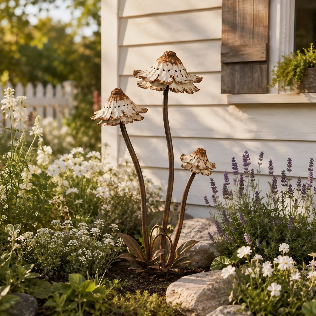 Vintage distressed metal flower garden stake in a cottage garden