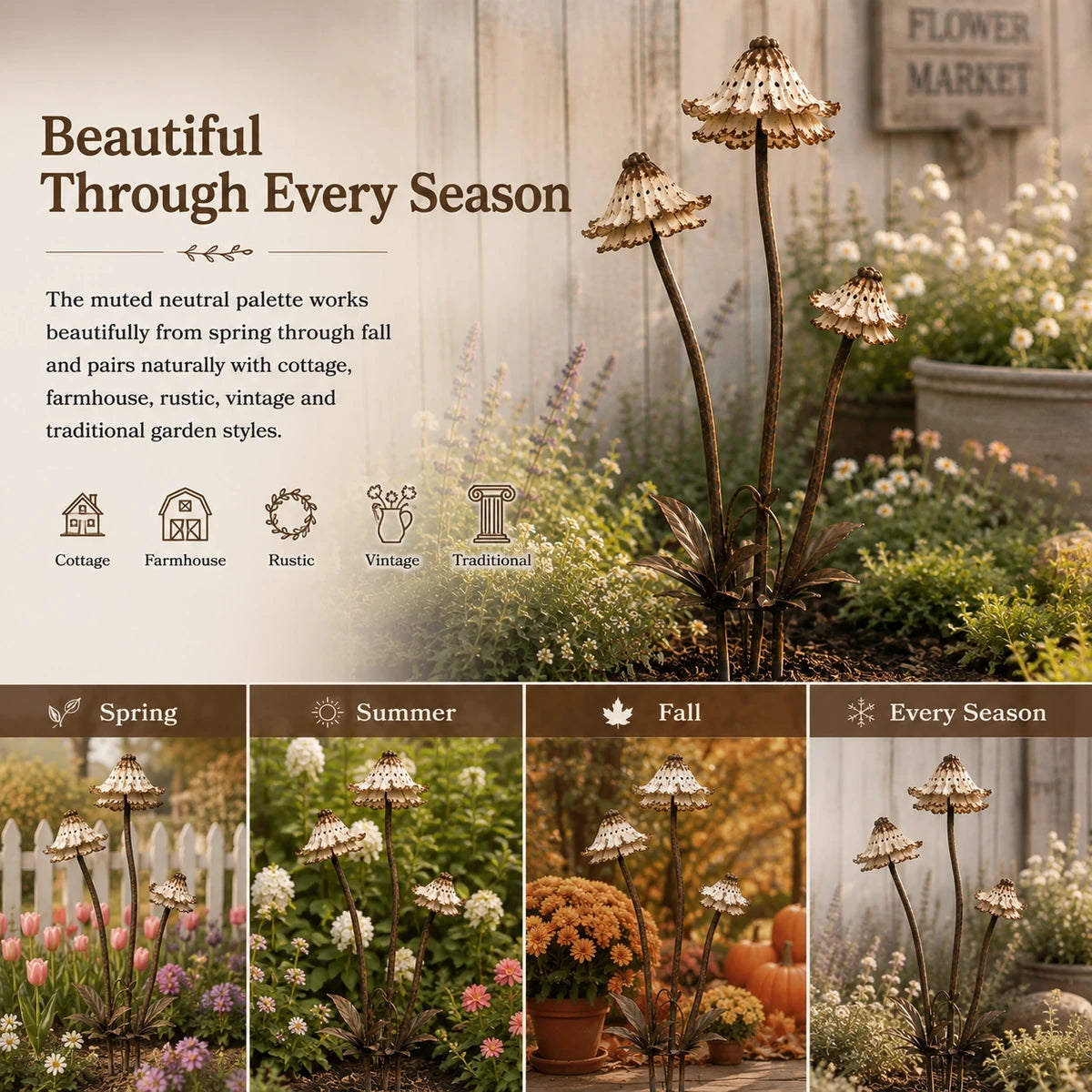 Vintage metal flower stake shown across garden seasons
